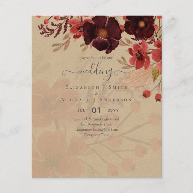 Flyer Flores de Otoño para Boda Terracota Rojo Burdeos (Frente)