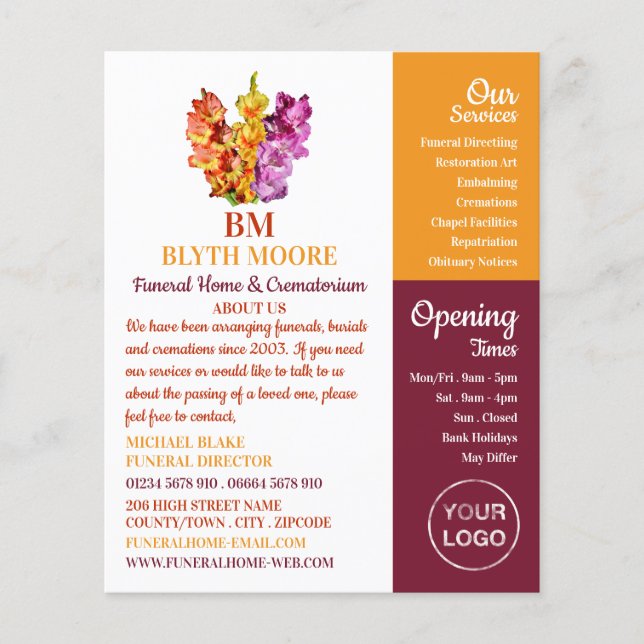 Flyer Flores Gladiolus, Casa Funeral, Directores (Frente)