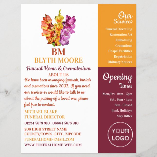 Flyer Flores Gladiolus, Casa Funeral, Directores (Frente)