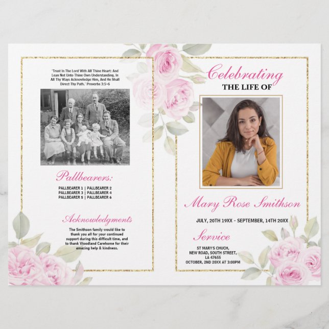 Flyer Flores rosadas funerarias de orden de servicio (Frente)