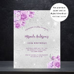 Flyer Flores rosadas plateadas invitación para cumpleaño<br><div class="desc">Tenga en cuenta que esta invitación está en papel de volante y es muy delgada. Los sobres no están incluidos. Para invitaciones más gruesas (el mismo diseño) visite nuestra tienda. Un fondo falso plateado con finos destellos de plata y flores rosas y violetas. Personalice y agregue un nombre y detalles...</div>