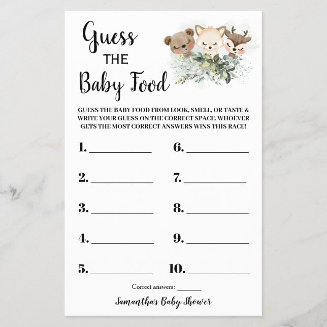Flyer Forestal Adivinan la tarjeta de juego de Baby Show (Frente)
