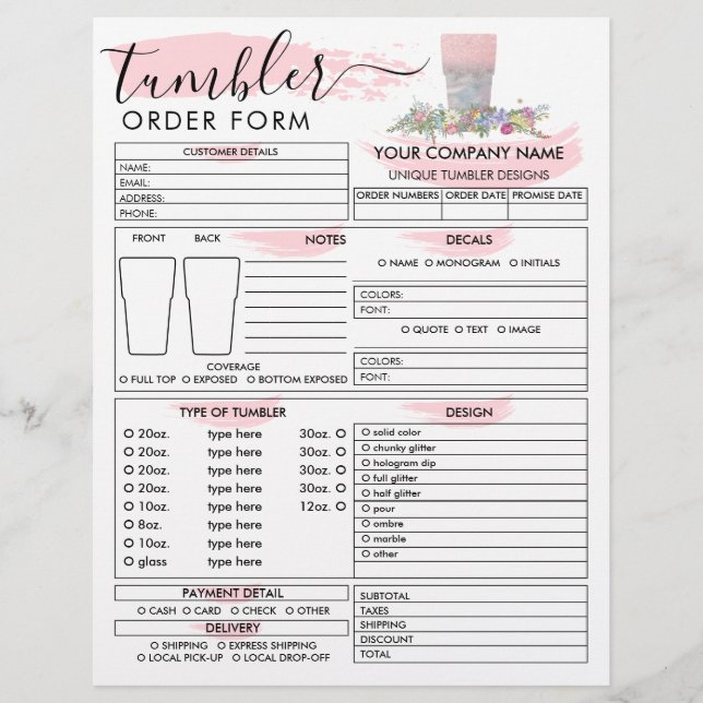 Flyer Formulario de pedido de la Copa de Tumbler de Pinc (Frente)