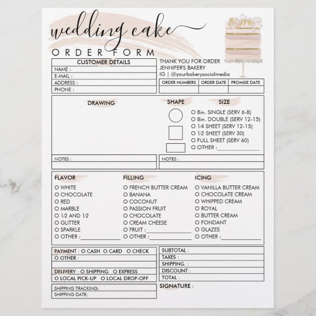 Flyer Formulario de pedido de pastel de bakery para boda (Frente)