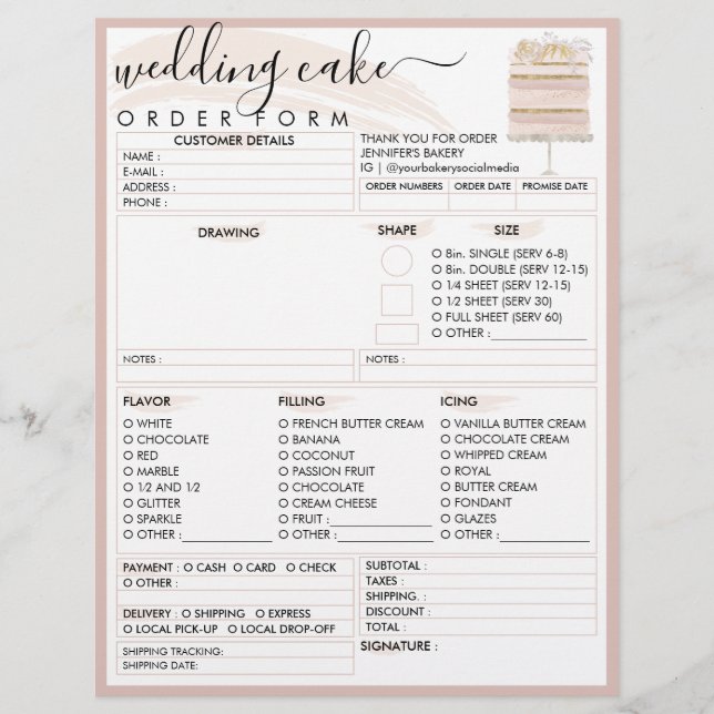 Flyer Formulario de pedido de pastel de bodas cumpleaños (Frente)