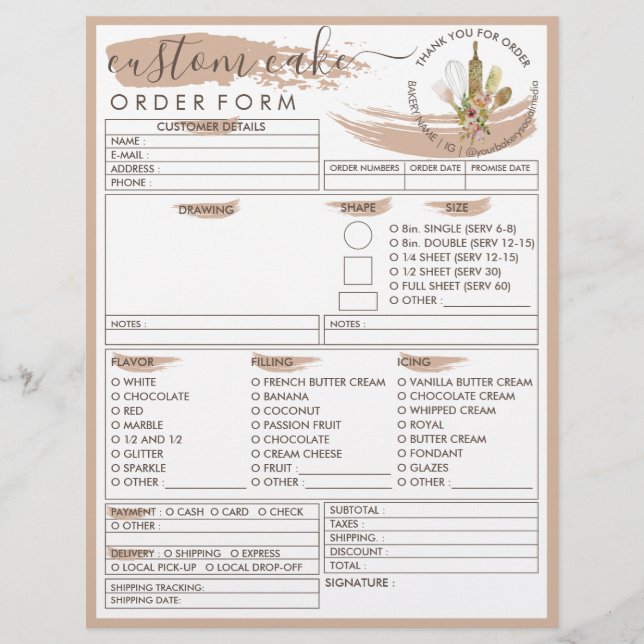 Flyer Formulario de pedido de pastelería de crema marrón (Frente)