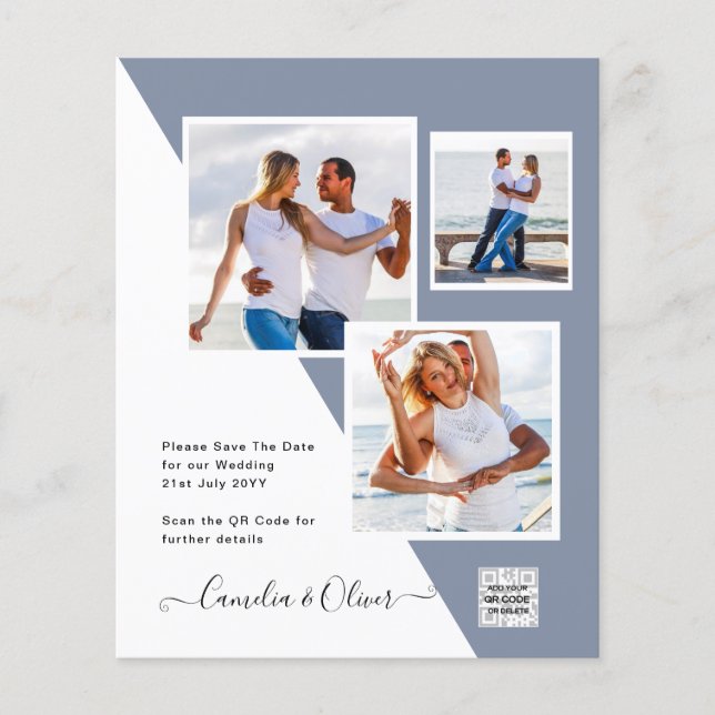 Flyer FOTO Boda Invitar código QR Guardar fecha AZUL (Frente)