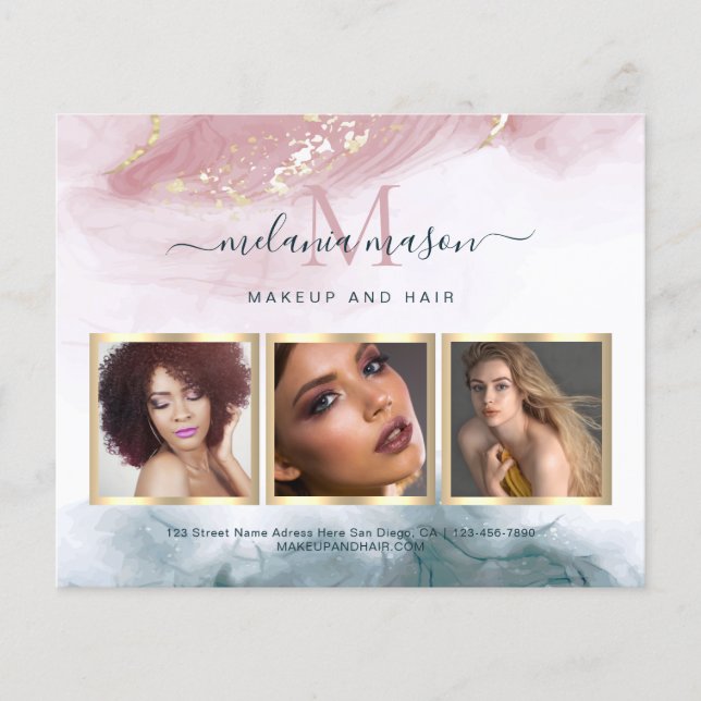 Flyer Foto de acuarela azul rubor dorado tinta alcohol (Frente)