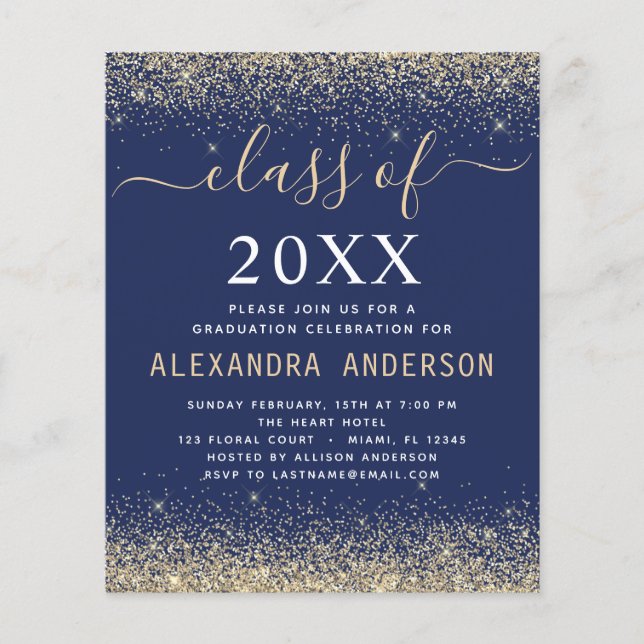 Flyer Foto de graduación Presupuesto Oro Azul Marino Cla (Frente)