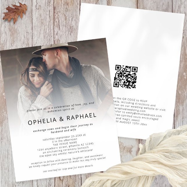 Flyer Foto de PAPER overlay Invitación a matrimonio bohe (Front and back view)