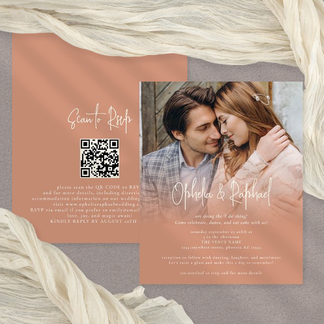 Flyer Foto de PAPER QR Invitación a la boda de Boho Terr (GReat value thin PAPER alternative, front and back view)