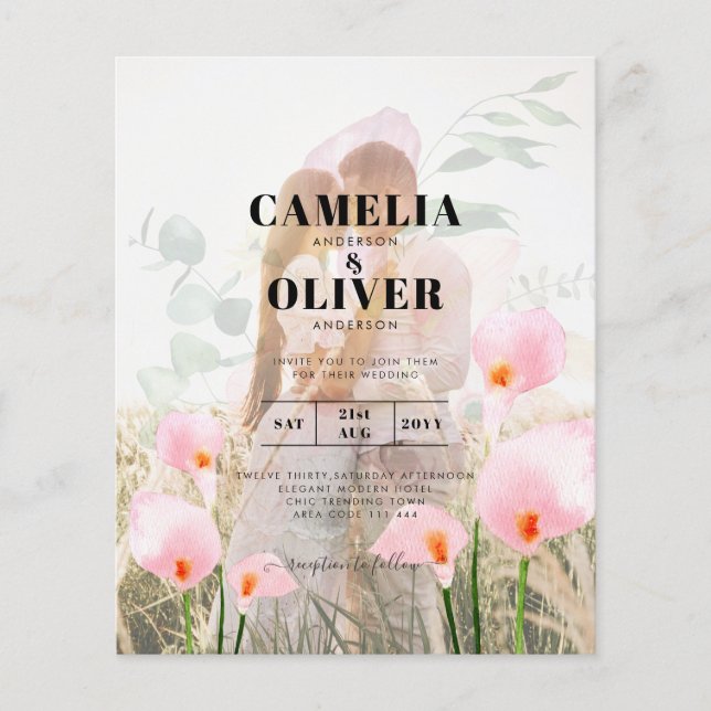 FLYER FOTO DE PINK CALLA LILIES SOBRELAY WEDDING INVITE (Frente)