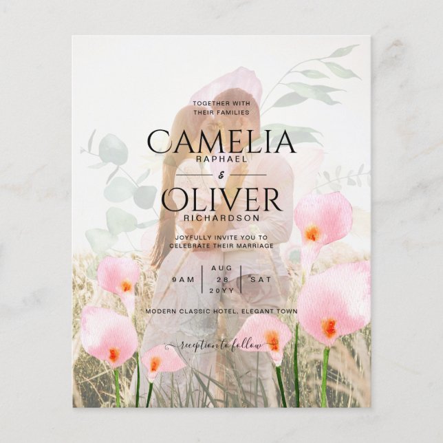 FLYER FOTO DE PINK CALLA LILIES SOBRELAY WEDDING INVITE (Frente)