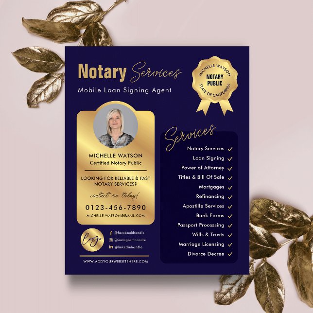 Flyer Foto del agente de firma de préstamos notariales N (Modern navy blue and gold notary public marketing flyer with your custom photo and logo)