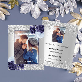 Flyer Foto floral azul plateado Save the Date boda