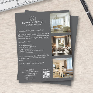 Flyer Foto Monograma QR Gris Negocios Profesionales