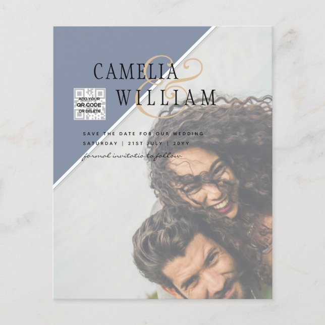 Flyer Foto PRESUPUESTO Guardar la fecha AZUL Código QR R (Frente)