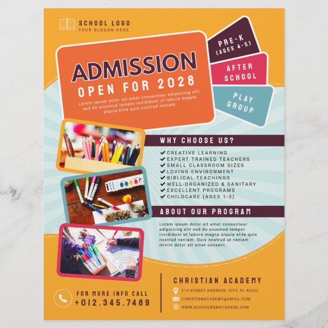 Flyer Foto publicitaria de admisión escolar para niños (Frente)