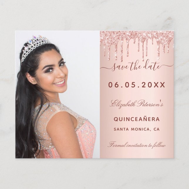 Flyer Foto rosa Quinceanera Presupuesto QR Guardar fecha (Frente)