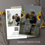 Flyer Foto rústica de presupuesto Invitación a la boda Q<br><div class="desc">Foto de moda overlay PRESUPUESTO invitación de boda asequible PAPER FLYER con escaneo de código qr para rsvp online y hermosos ramos de girasol en un oscuro fondo transparente. Ideal para su rústico campo de verano o otoño otoño elegante jardín al aire libre, granero o boda con temática de patio...</div>