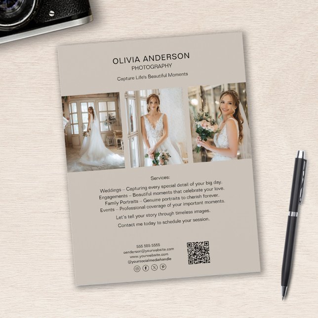 Flyer Fotografía de QR Medios Sociales Beige Business (Photographer Photo QR Social Media Beige Business Flyer)