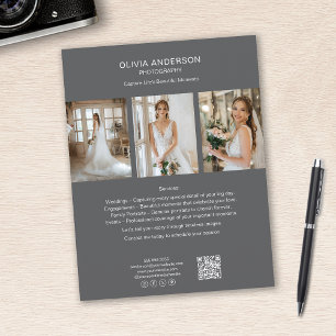 Flyer Fotógrafo Foto QR Redes Sociales Gris Negocios