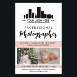 Flyer Fotógrafo profesional rosa Tu Logotipo<br><div class="desc">Volante de marketing para un fotógrafo profesional personalizado con sus fotos, logotipo, información de contacto, texto personalizado y foto de perfil en un encantador diseño rosa, negro y blanco. Volante fotográfico profesional femenino y de moda en un diseño limpio con un color de acento rosa y un guión encantador personalizado...</div>