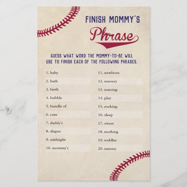 Flyer Frases de mamá con temas de béisbol en Baby Shower (Frente)