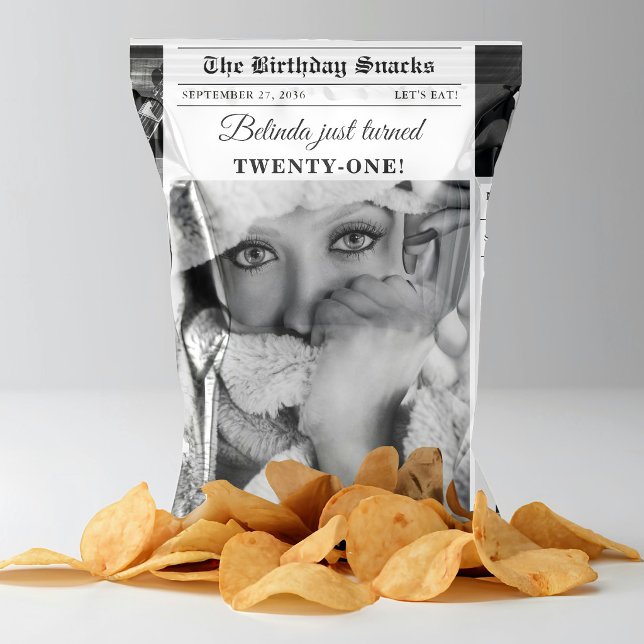 Flyer Funda de Bolsa de Papas Fritas con Foto de Portada (Birthday Newspaper Photo Cover Chip Bag Wrapper)