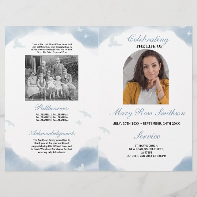 Flyer Funeral Orden de servicio Nubes de vida Aves (Frente)