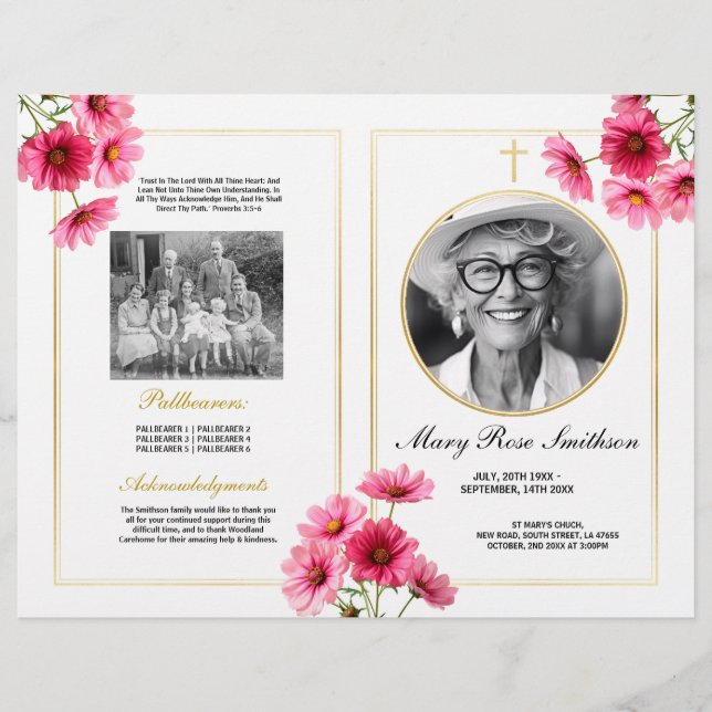 Flyer Funeral Orden de Servicio Vida Cosmos Flor Rosa (Frente)