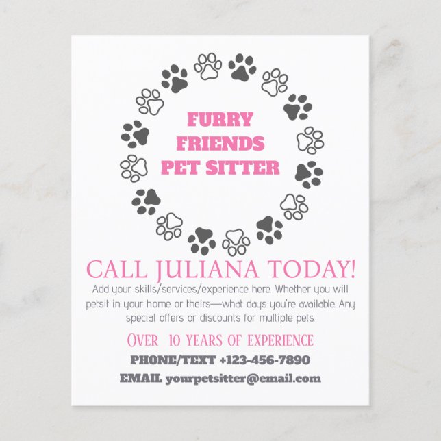 Flyer Furry Friends Mascota Sitter Pink Business (Frente)