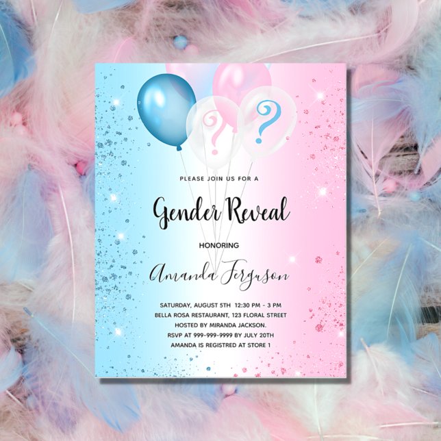 Flyer Gender reveal party pink blue budget invitation (Subido por el creador)