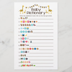 Flyer Giraffe Baby Books Emoji Pictionary Shower Game