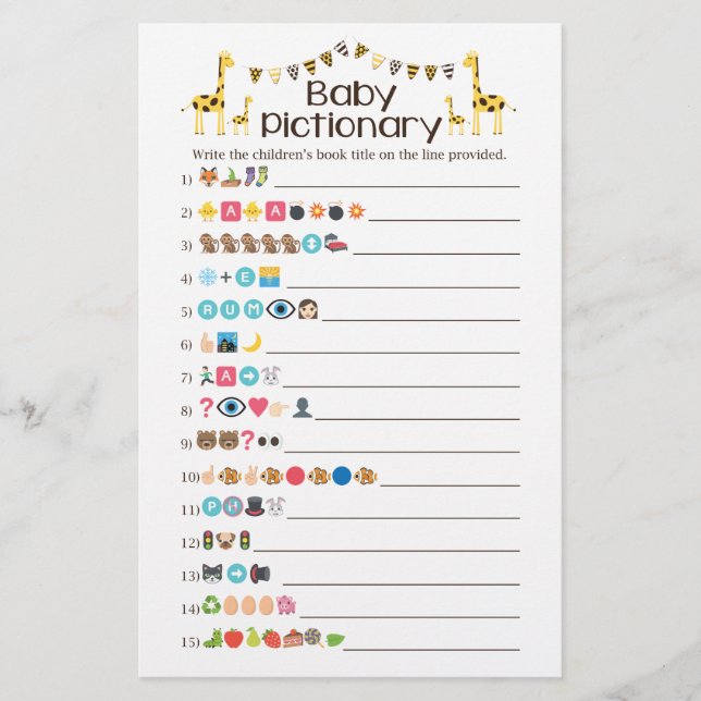 Flyer Giraffe Baby Books Emoji Pictionary Shower Game (Frente)