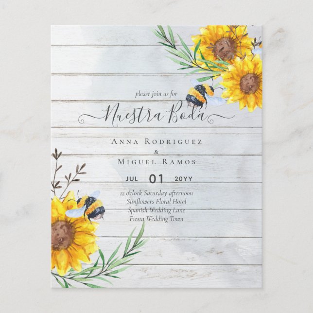 Flyer Girasoles de Invitación de Boda Económica Bilingüe (Frente)