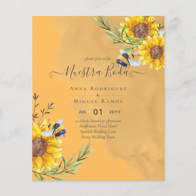 Flyer Girasoles de Invitación de Boda Económica Bilingüe (Frente)