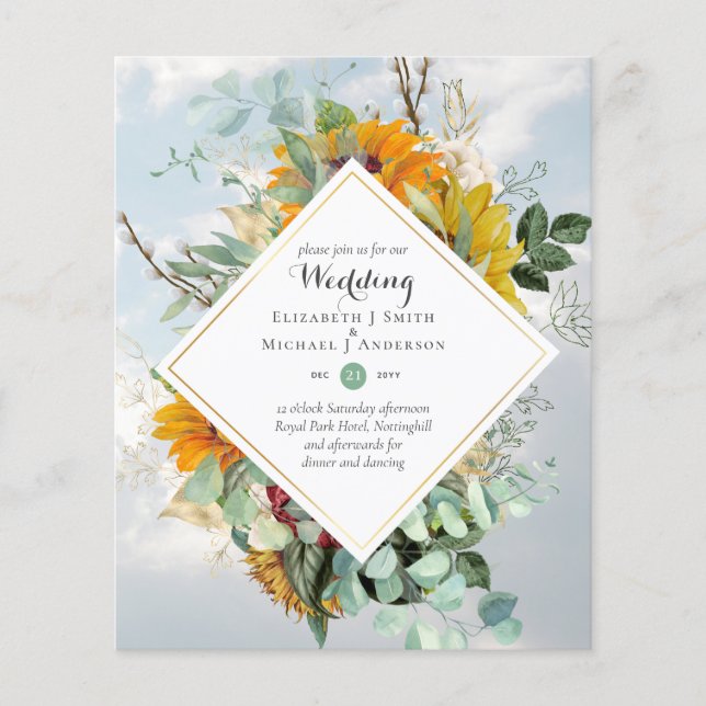 Flyer Girasoles Rústicos Invitación de Boda con Verde de (Frente)
