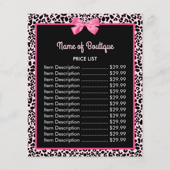 Flyer Girly Pink Leopard Print Cute Bow Boutique Price (Frente)