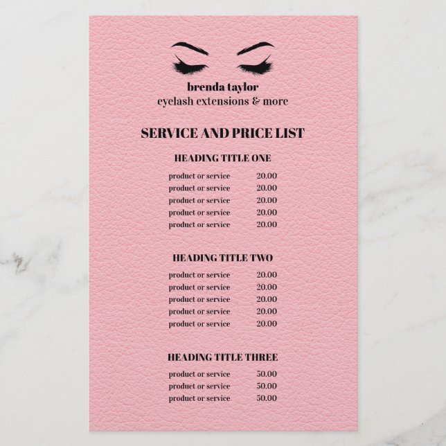 Flyer Glam CUERO rosa  SERVICIO DE SALÓN DE PESTAÑAS (Frente)