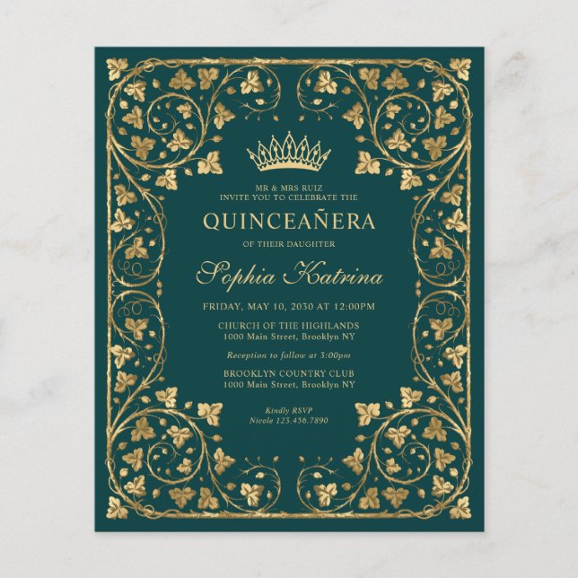 Flyer Glam Emerald Green Gold barato Tiara Quinceanera (Frente)