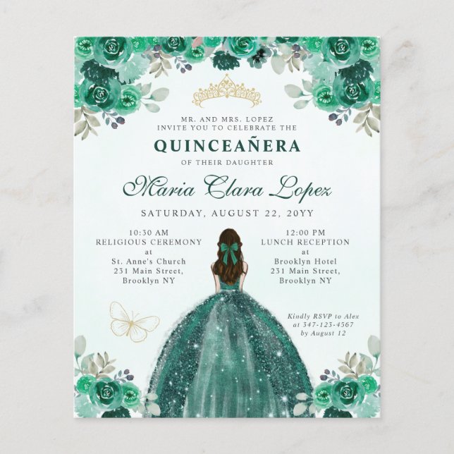 Flyer Glam Floral de oro verde barato Princesa Quinceañe (Frente)