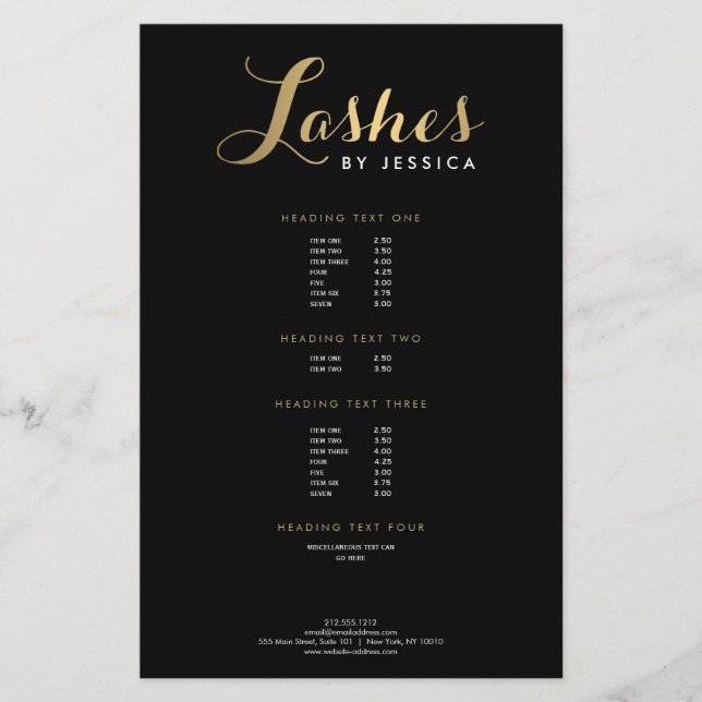 Flyer Glam Lashes Texto con Letra Script Gold/Black Flye (Frente)