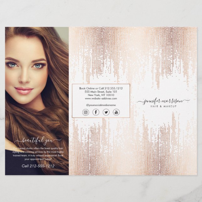Flyer Glam Script Rosa Gold Confetti Lluvia Tri-Fold (Frente)