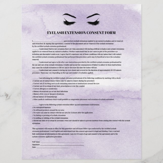 Flyer Glamoroso Lilac EYELASH FORMULARIO DE CONSENTIMIEN (Frente)