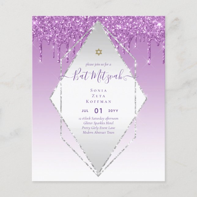 Flyer Glitzy BAT MITZVAH Invita a los Purpurinas Sparkle (Frente)