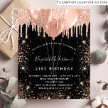 Flyer Globos de presupuesto de rosa negro de cumpleaños<br><div class="desc">Tenga en cuenta que esta invitación está en papel de volante y es muy delgada. Los sobres no están incluidos. Para invitaciones más gruesas (el mismo diseño) visite nuestra tienda. Un fondo negro. Decorada con goteo de oro rosa, pinturas con goteo y globos. Personalice y agregue un nombre, edad 21...</div>