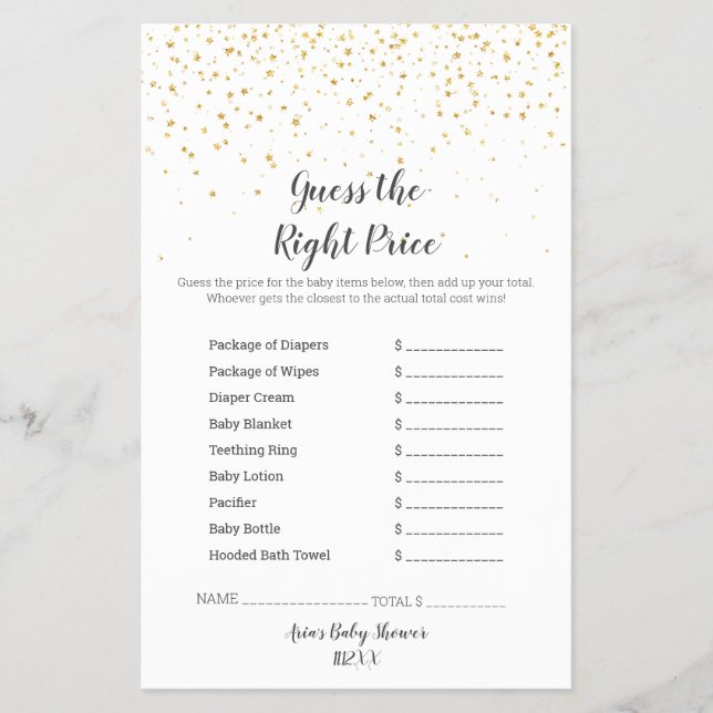 Flyer Gold Confetti Baby Shower GuessThe Right Price (Frente)