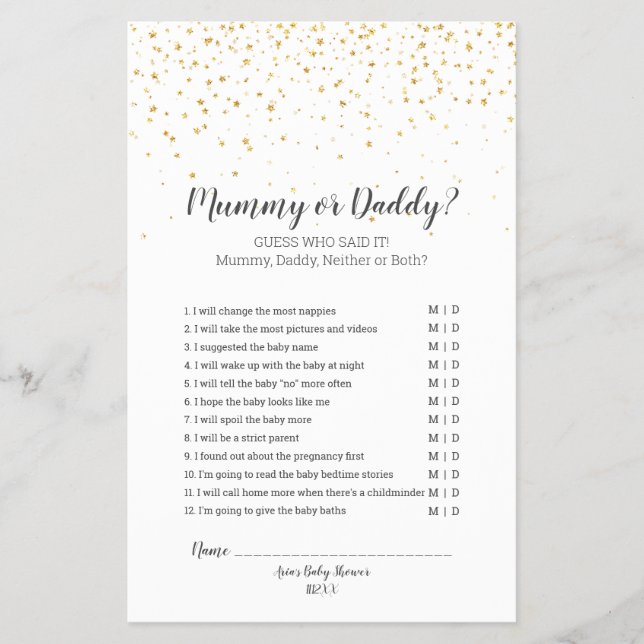Flyer Gold Confetti Baby Shower Mummy or Daddy Game (Frente)