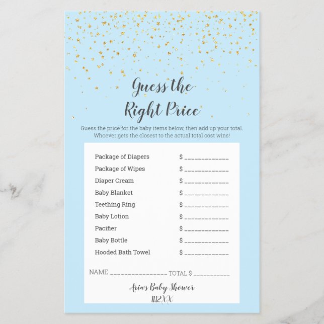 Flyer Gold Confetti Blue Shower GuessThe Right Price (Frente)